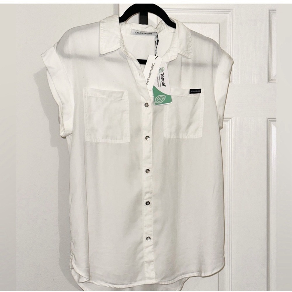 Calvin Klein Women's Knit Combo Button Down Shirt - White "Size Small"
